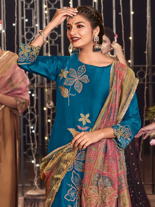 Blue silk salwar suit with dupatta for festival