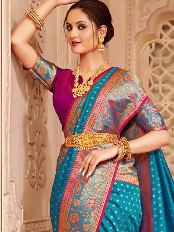 Blue silk saree with pink blouse