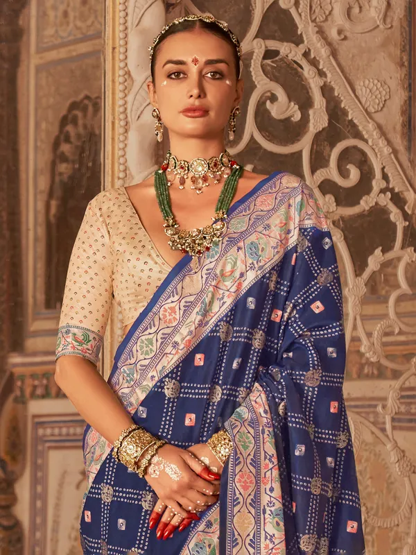 Blue silk saree with zari and digital prints for festive wear