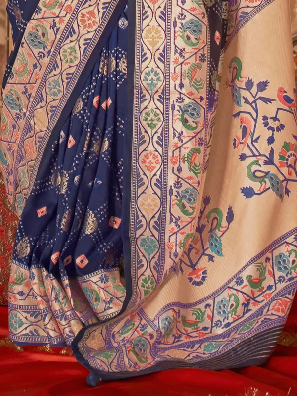 Blue silk saree with zari and digital prints for festive wear