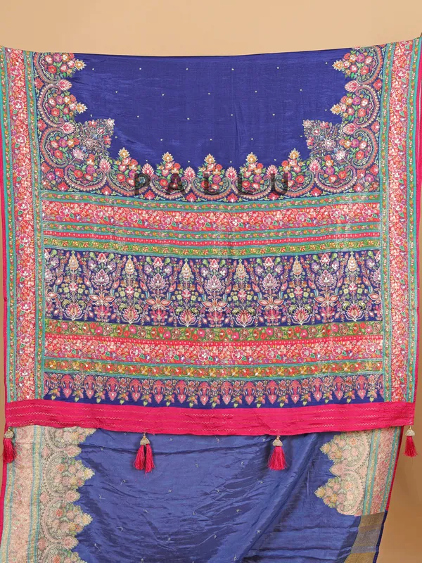 Blue silk saree with zari embellishment