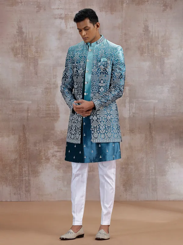 Blue silk shaded indo western with jacket style