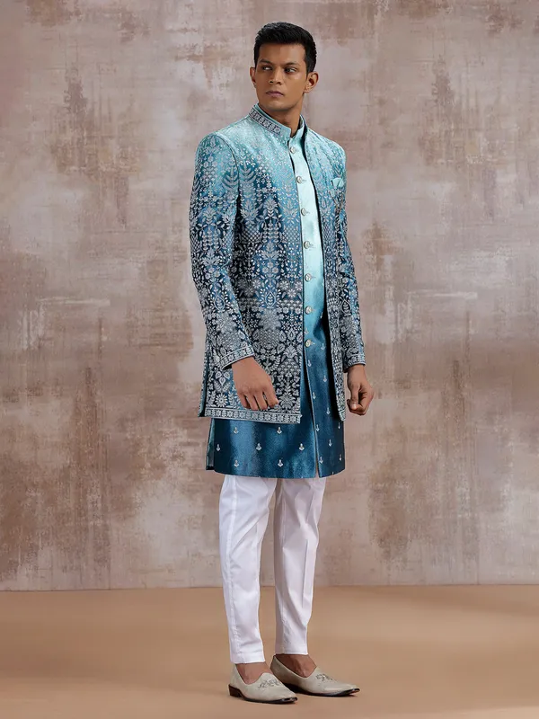 Blue silk shaded indo western with jacket style