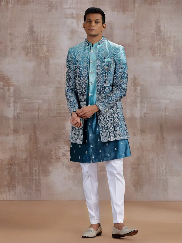 Blue silk shaded indo western with jacket style