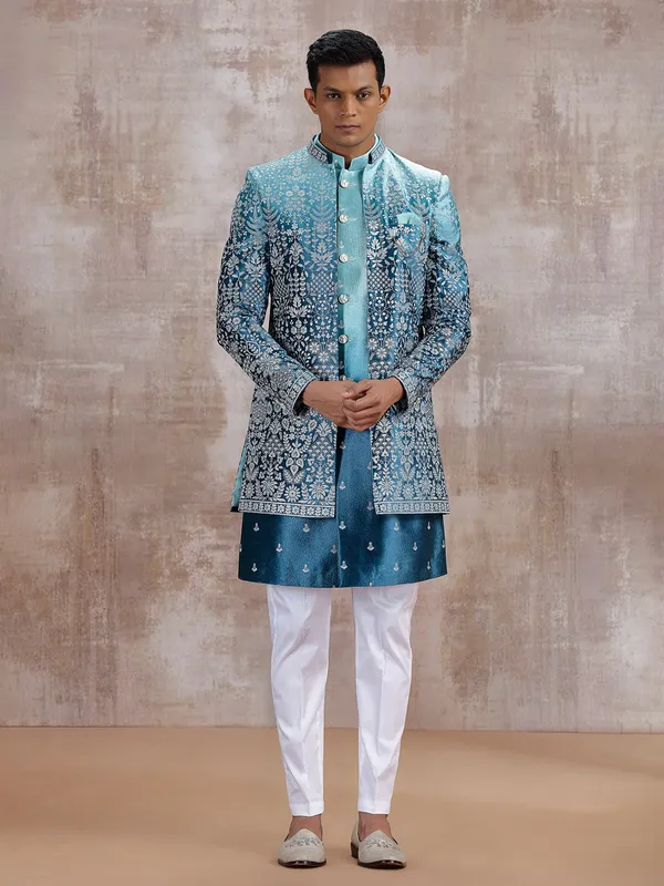 Blue silk shaded indo western with jacket style