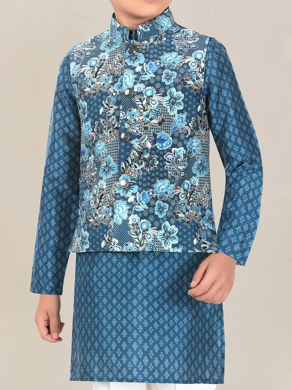 Blue silk waistcoat set with print