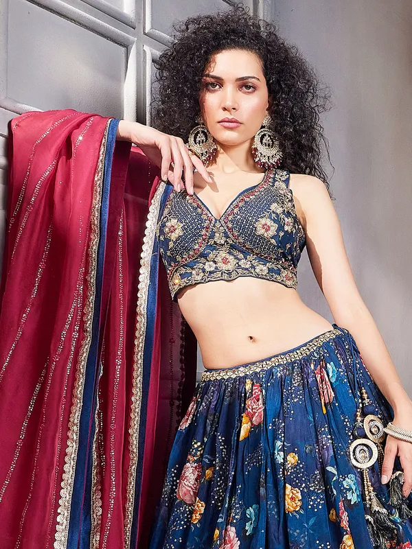 Blue silk wedding wear lehenga choli with print