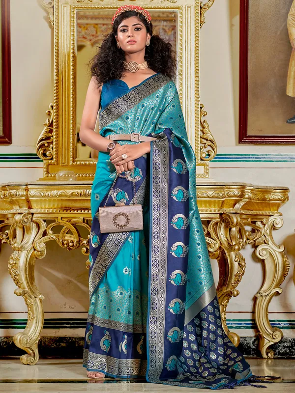 Blue silk zari weaving wedding saree