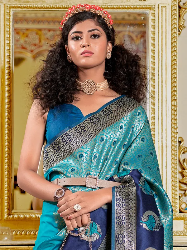 Blue silk zari weaving wedding saree