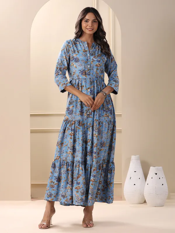 Blue sober printed long kurti in silk