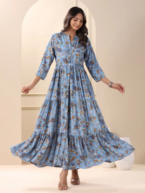 Blue sober printed long kurti in silk