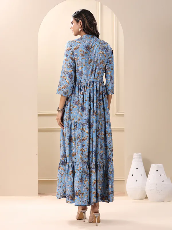 Blue sober printed long kurti in silk