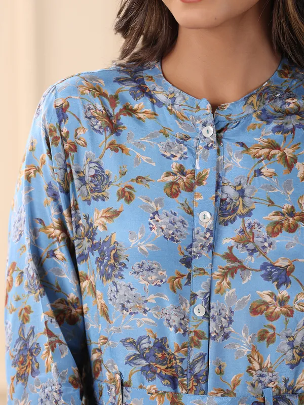 Blue sober printed long kurti in silk