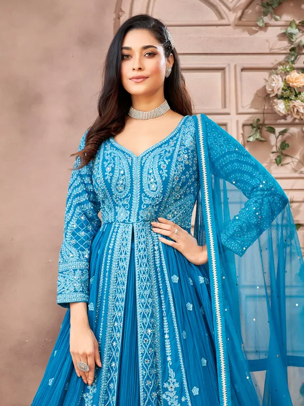 Blue soft georgette sweetheart neck lehenga suit