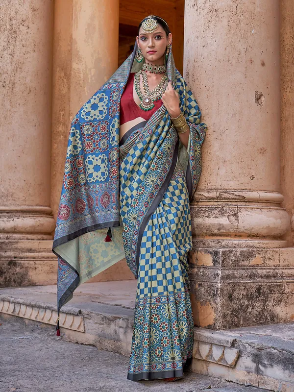 Blue soft silk and printed saree for women
