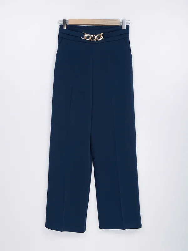Blue solid terry rayon formal trouser