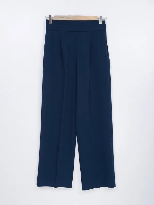 Blue solid terry rayon formal trouser