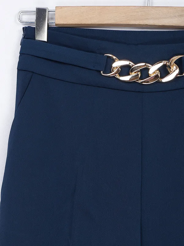 Blue solid terry rayon formal trouser