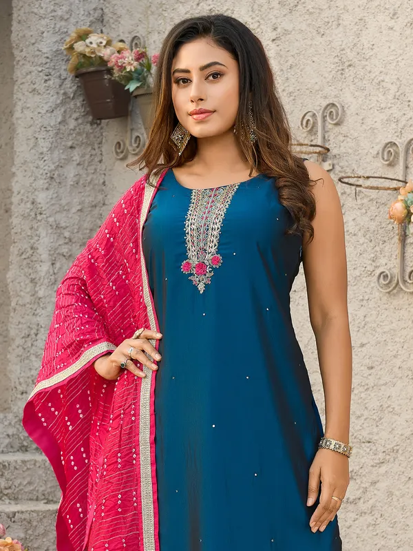 Blue straight cut salwar suit in silk