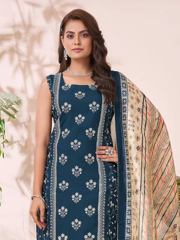 Blue straight cut silk salwar suit for festive wear