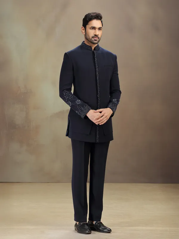 Blue terry rayon indowestern set with cutdana work