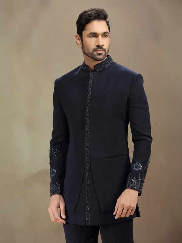 Blue terry rayon indowestern set with cutdana work