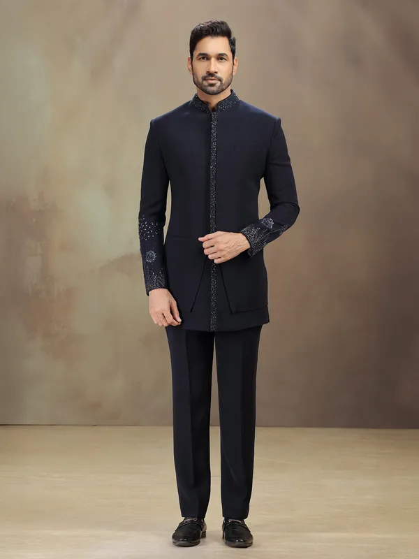 Blue terry rayon indowestern set with cutdana work