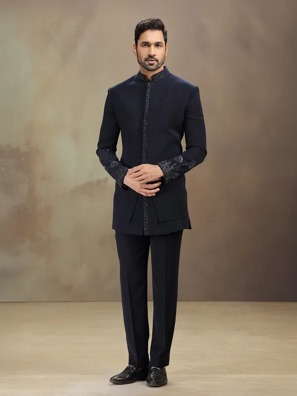 Blue terry rayon indowestern set with cutdana work