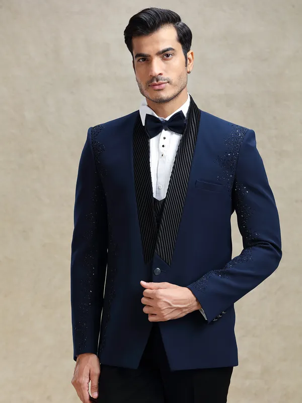 Blue terry rayon partywear tuxedo suit