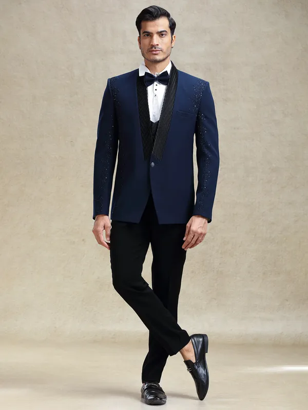 Blue terry rayon partywear tuxedo suit