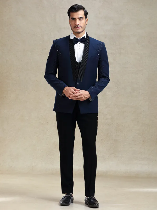 Blue terry rayon partywear tuxedo suit