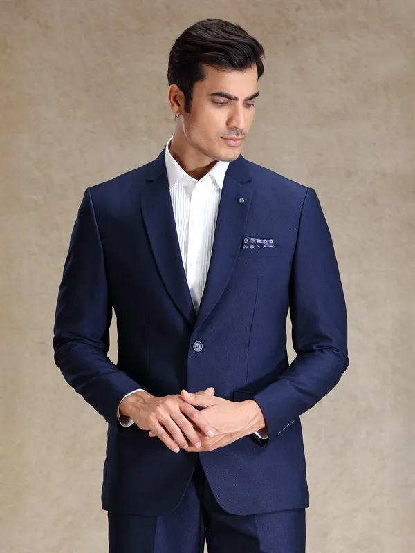 Blue terry rayon textured blazer and pant suit