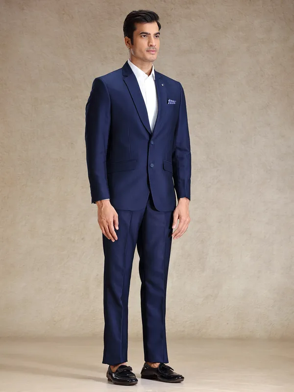 Blue terry rayon textured blazer and pant suit