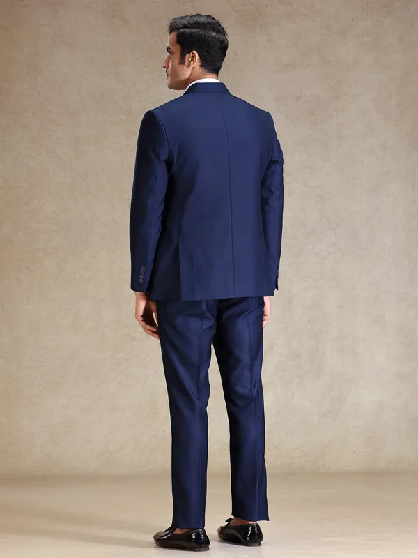 Blue terry rayon textured blazer and pant suit