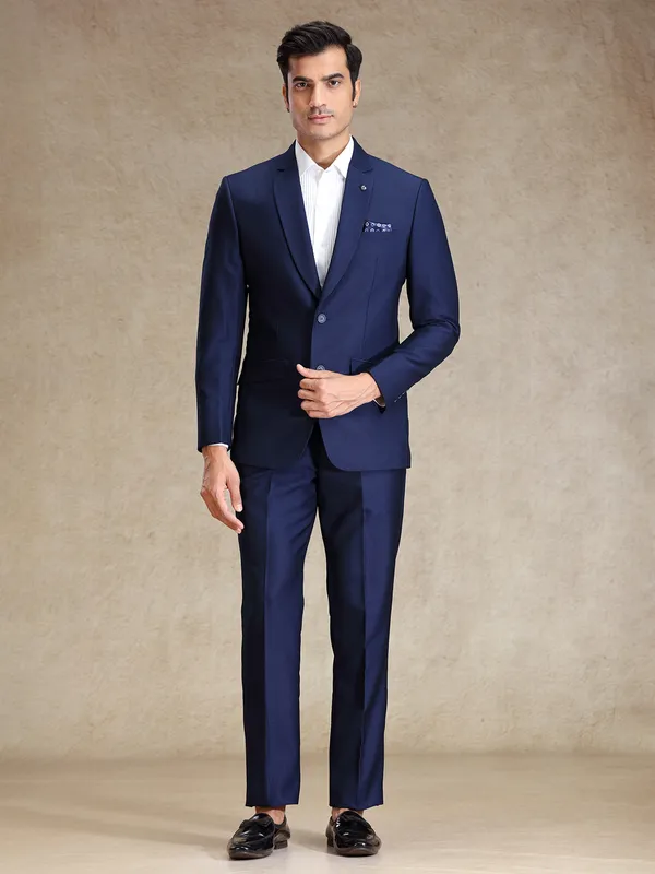 Blue terry rayon textured blazer and pant suit