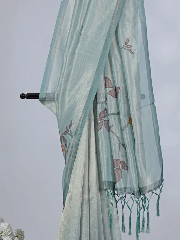 Blue tissue saree with printed detailing
