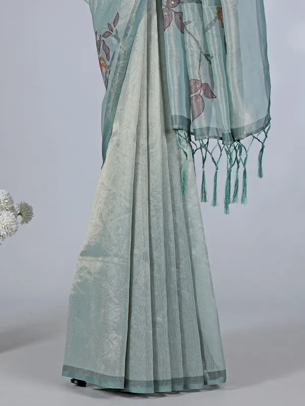 Blue tissue saree with printed detailing
