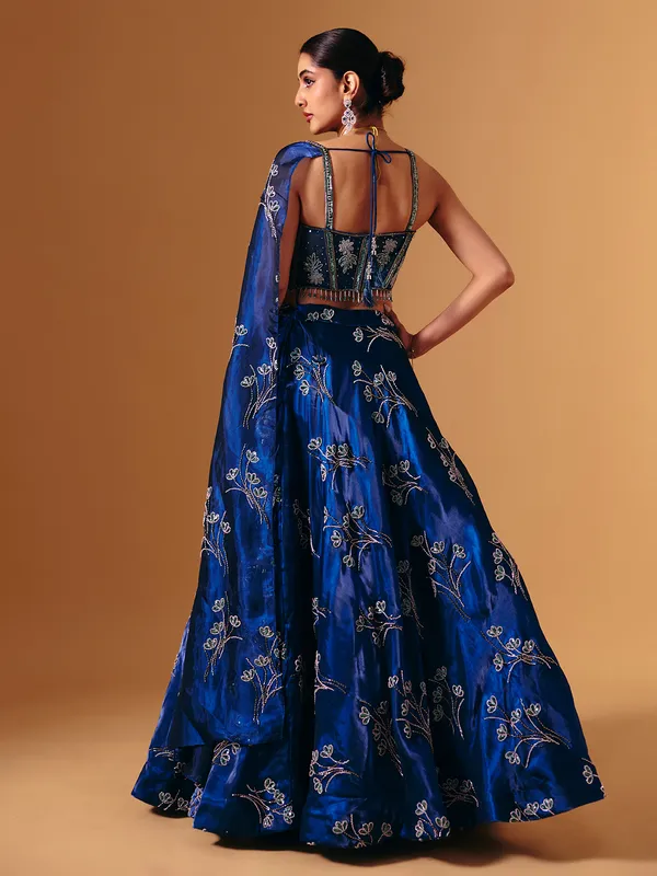 Blue tissue satin silk designer lehenga choli