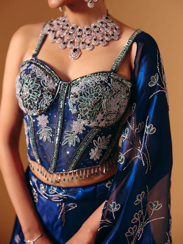 Blue tissue satin silk designer lehenga choli