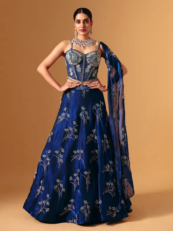 Blue tissue satin silk designer lehenga choli