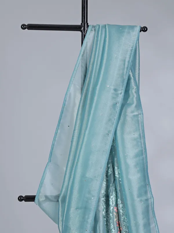 Blue tissue silk saree with bird and floral motifs