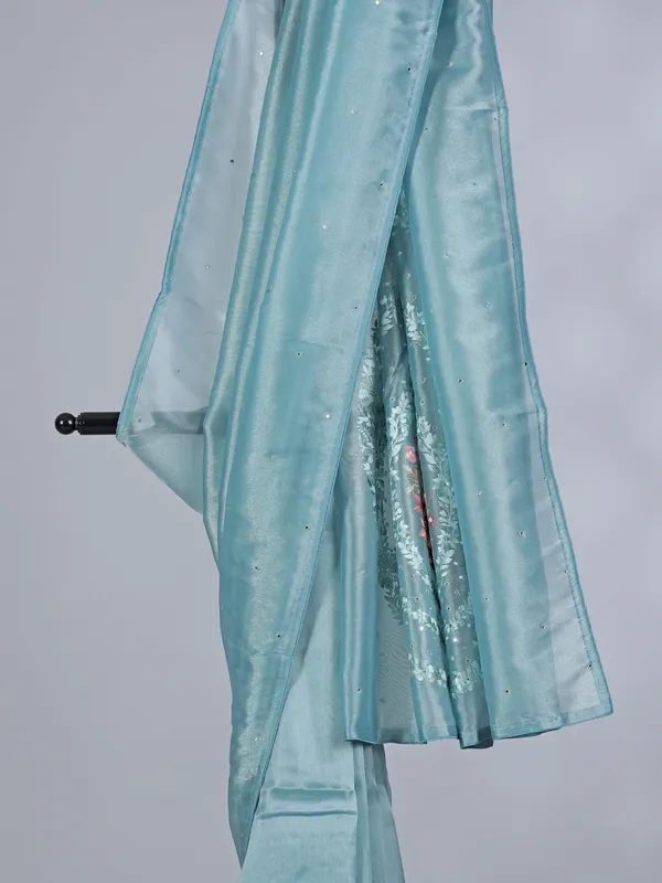 Blue tissue silk saree with bird and floral motifs