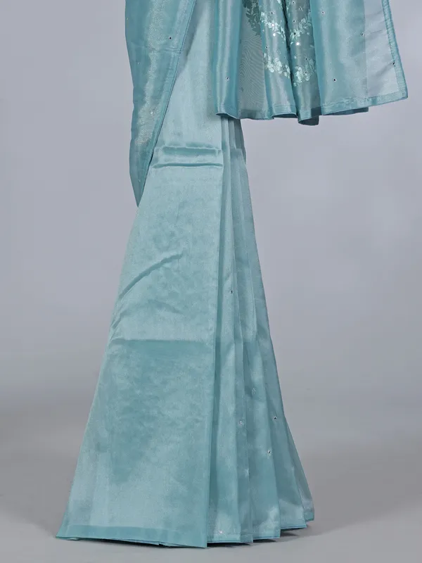 Blue tissue silk saree with bird and floral motifs