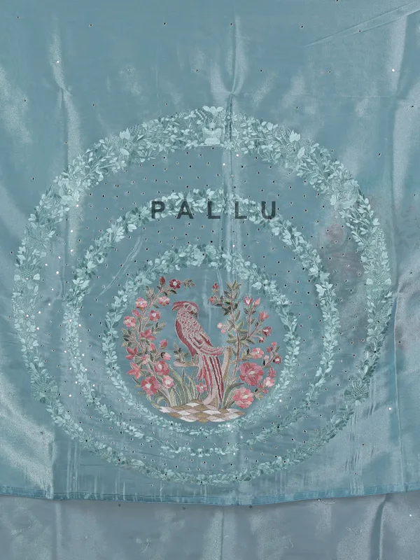 Blue tissue silk saree with bird and floral motifs