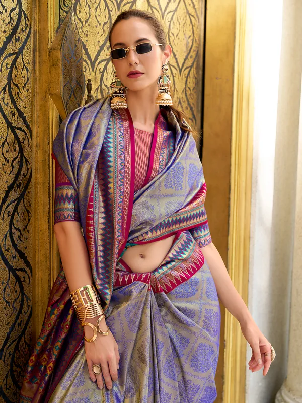 Blue tissue silk zari weaving saree