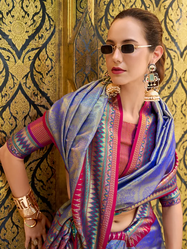 Blue tissue silk zari weaving saree