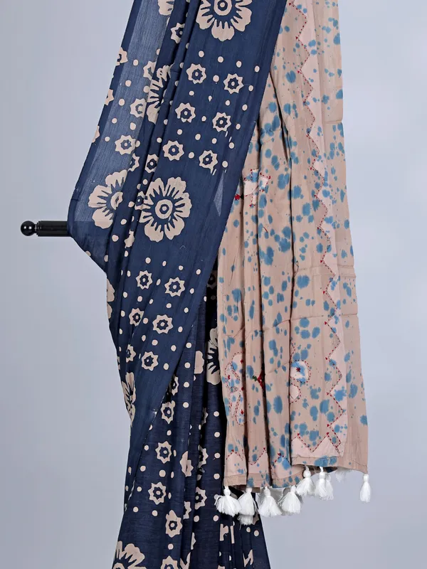 Blue tusser silk saree with thread work