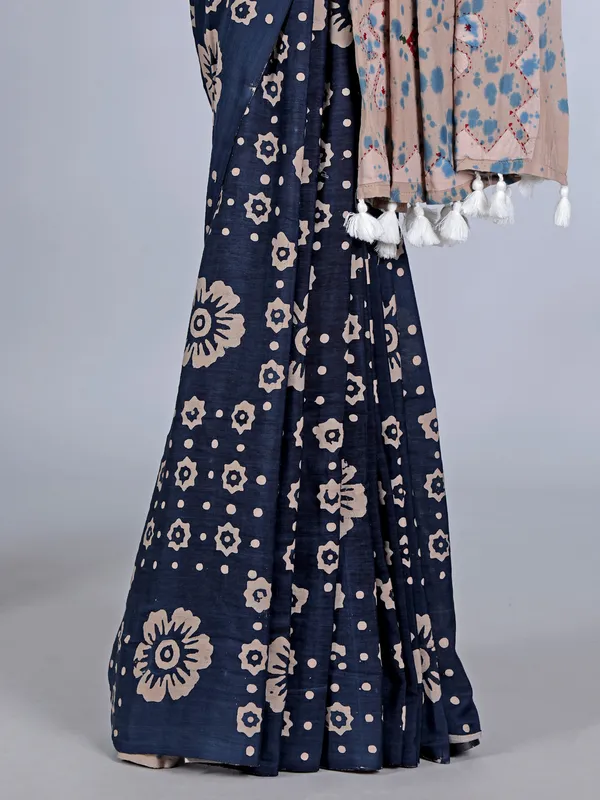 Blue tusser silk saree with thread work