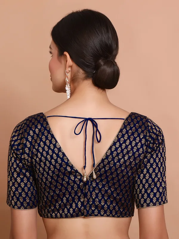 Blue V neck ready made blouse in brocade