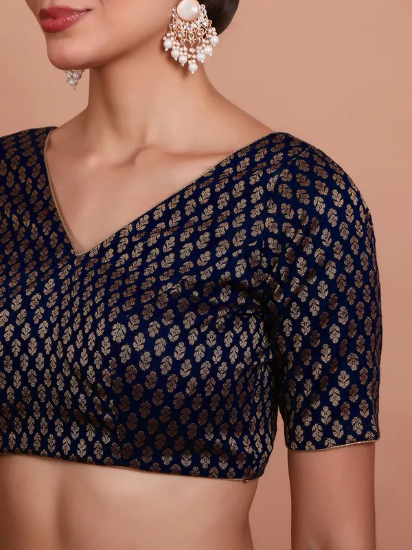 Blue V neck ready made blouse in brocade